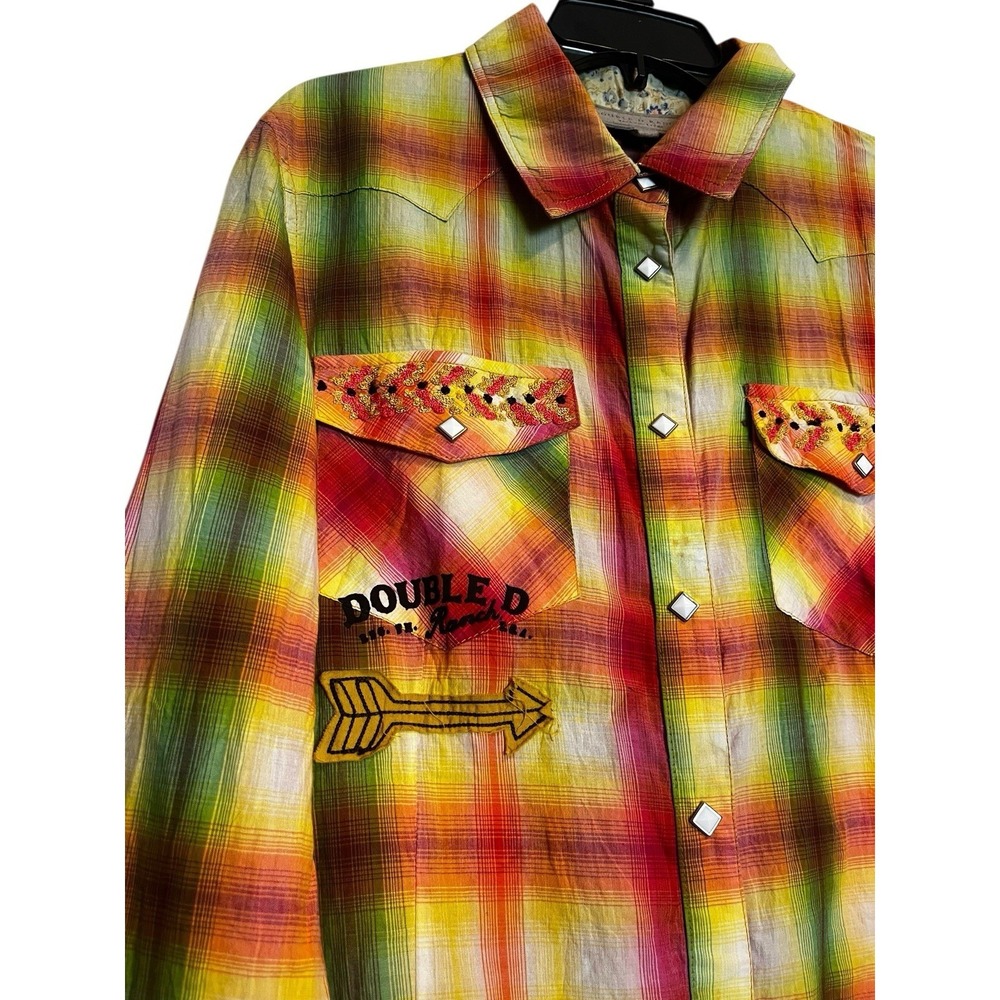 Double D Ranch Western Button-up Shirt Size Large Multicolor Plaid Embroidered - Picture 3 of 8